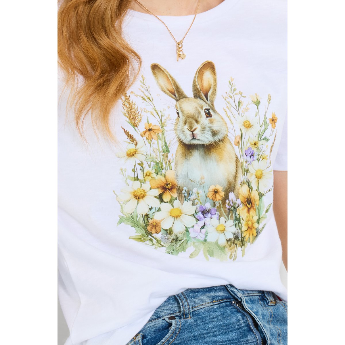T-shirt à motif lapin et fleurs blanc, JOE BROWNS