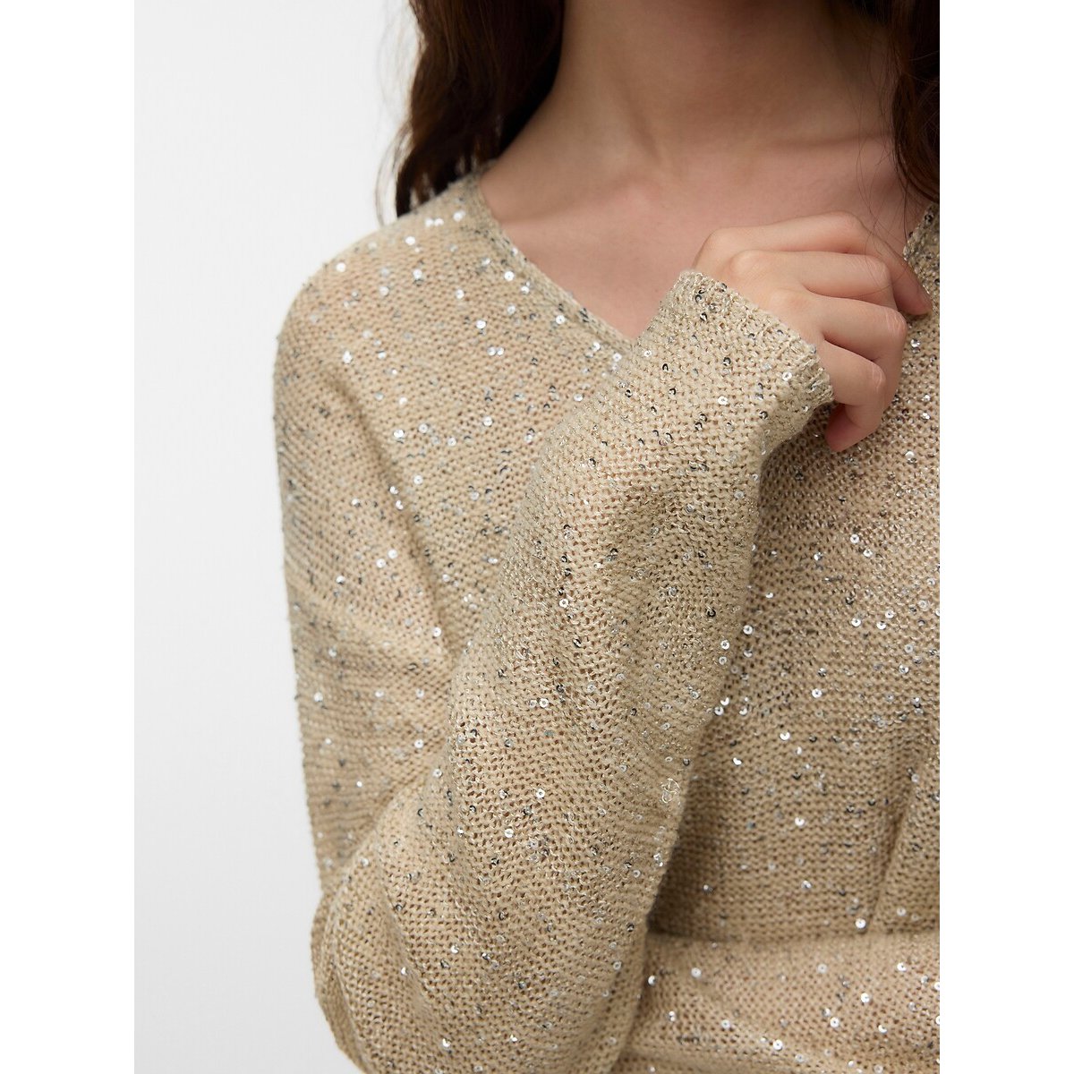 Pull scollo a V e paillettes beige, VERO MODA