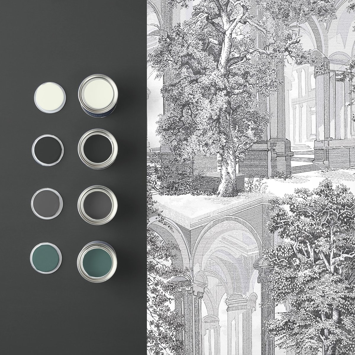 Papier peint Rivington Folly Tattoo Architecture grandiose gris doux, GRAHAM ET BROWN