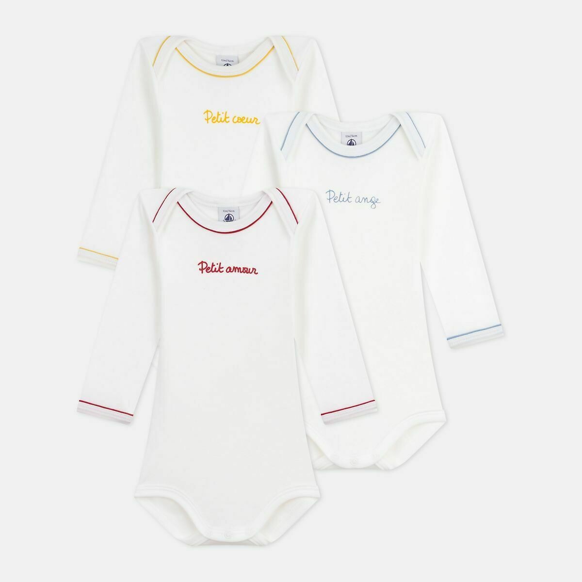 Pack of 3 Bodysuits with Long Sleeves white, PETIT BATEAU