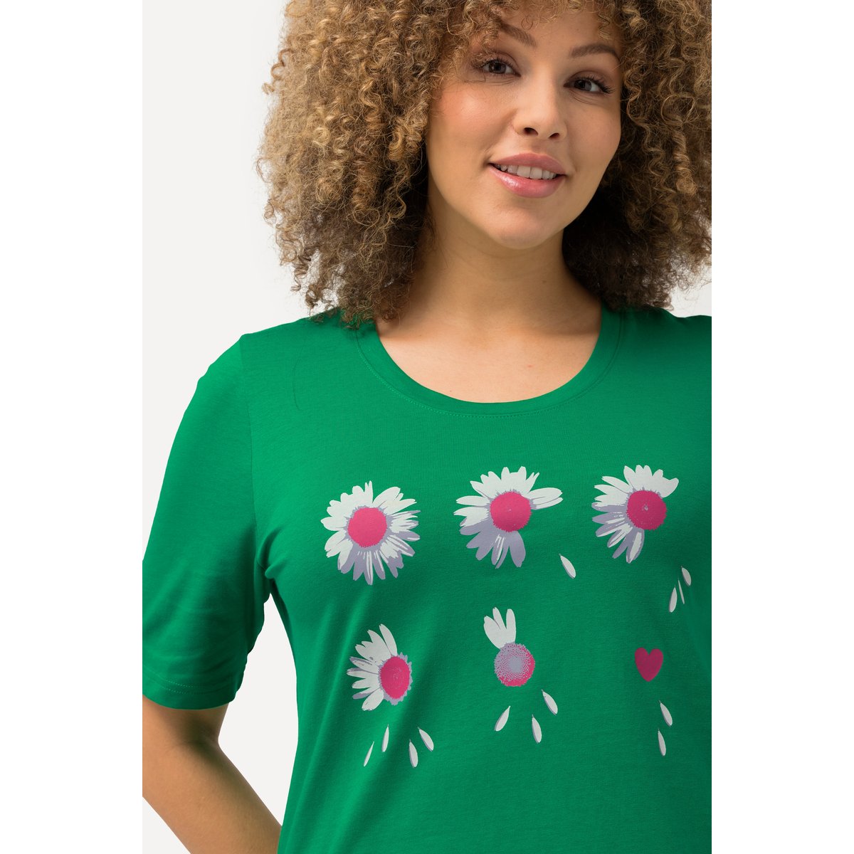 T-shirt à fleurs. Coupe Classic Fit. Col vert émeraude, ULLA POPKEN