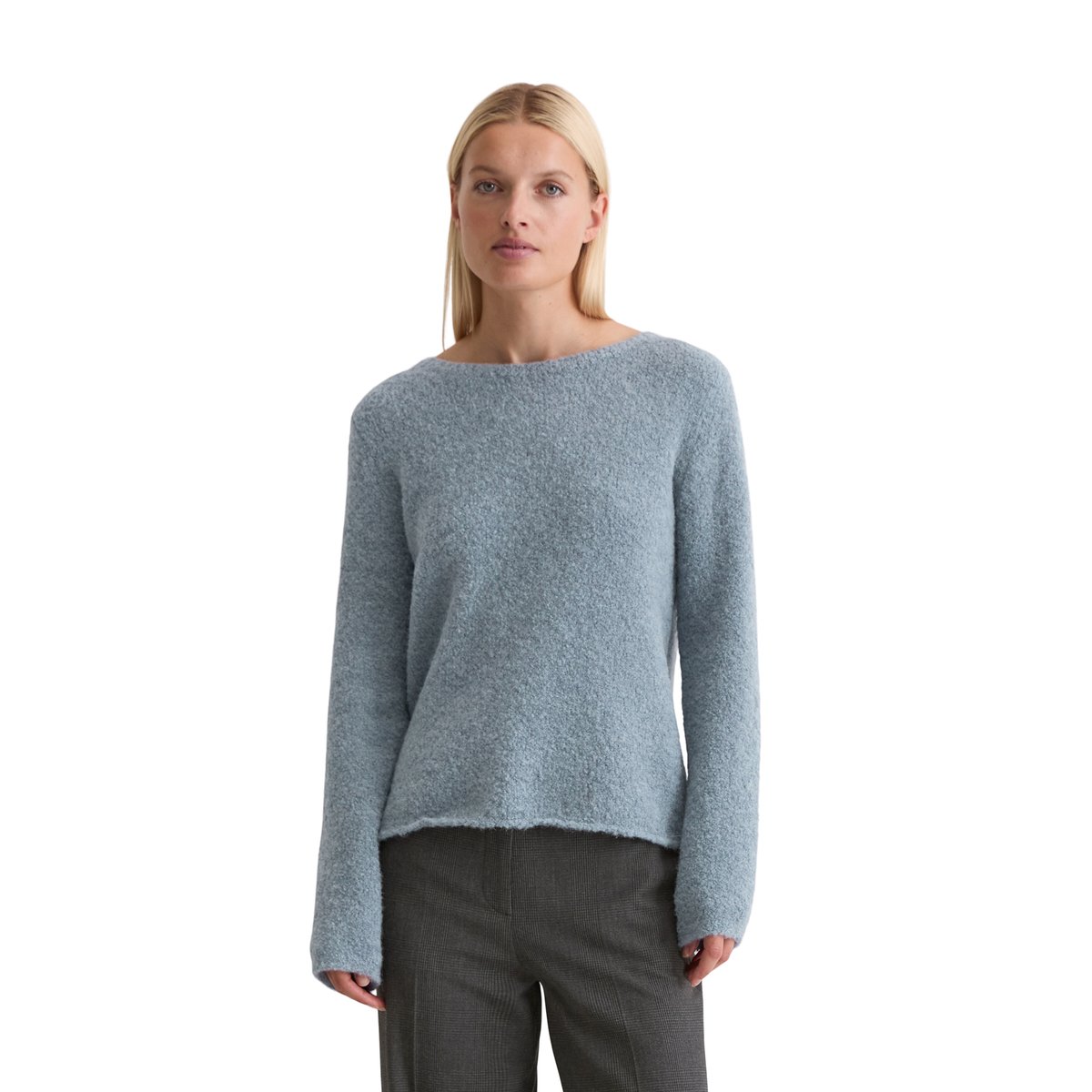 Pull bouclette regular en mélange de laine vierge et de laine d'alpaga bleu moyen, MARC O'POLO