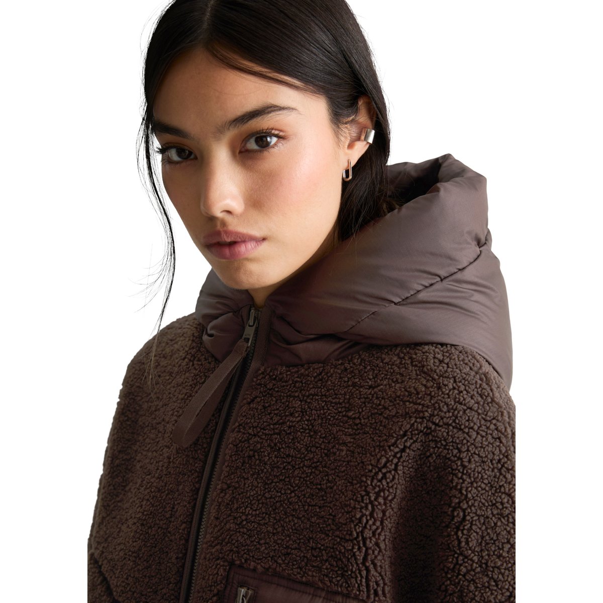 Veste en peluche coupe classique avec une capuche légèrement rembourrée marron, MARC O’POLO DENIM