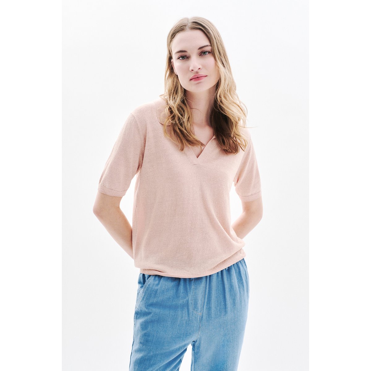 Pull droit col chemise en lin MIKALU rose clair, CAROLL