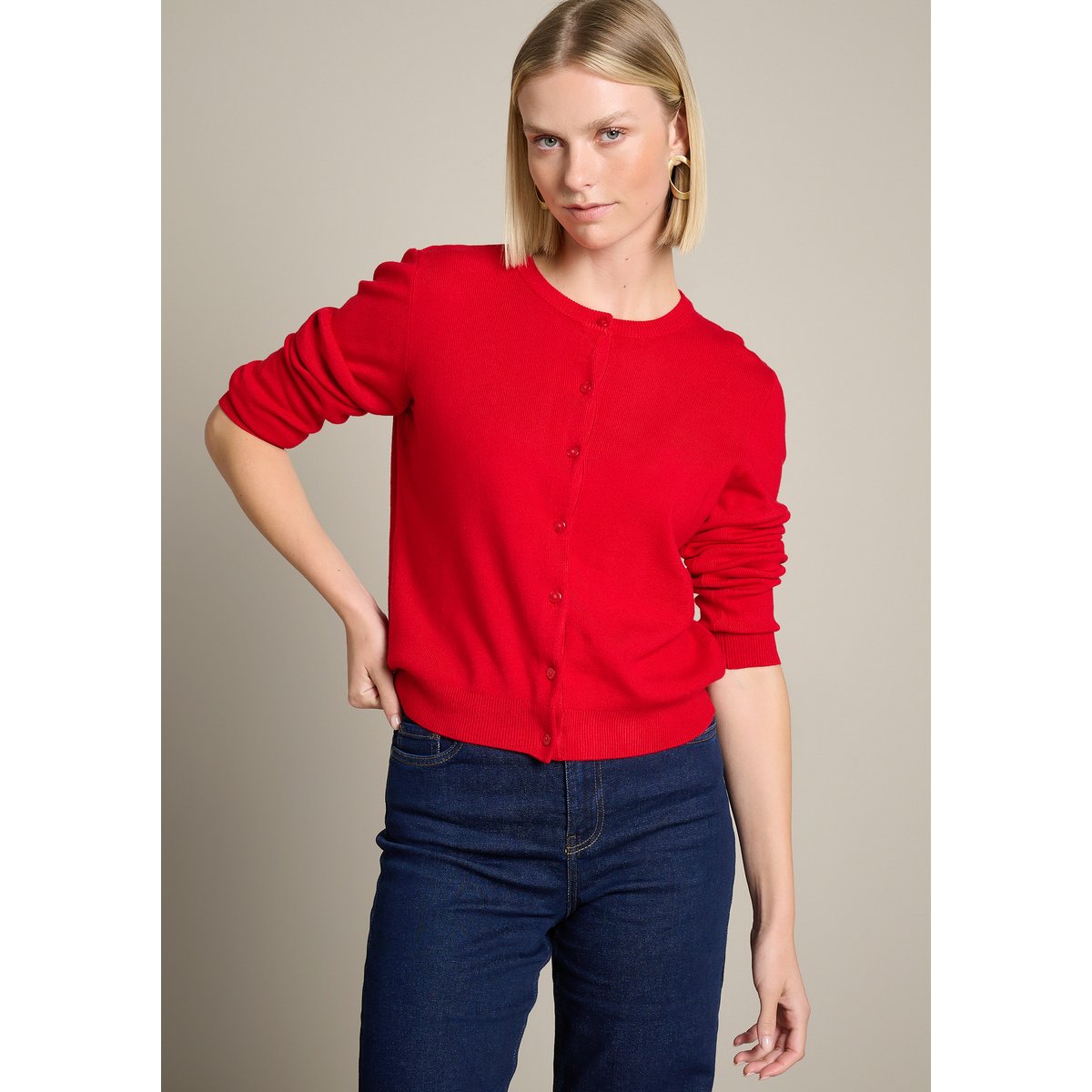 Gilet col rond boutonné rouge, LOLALIZA