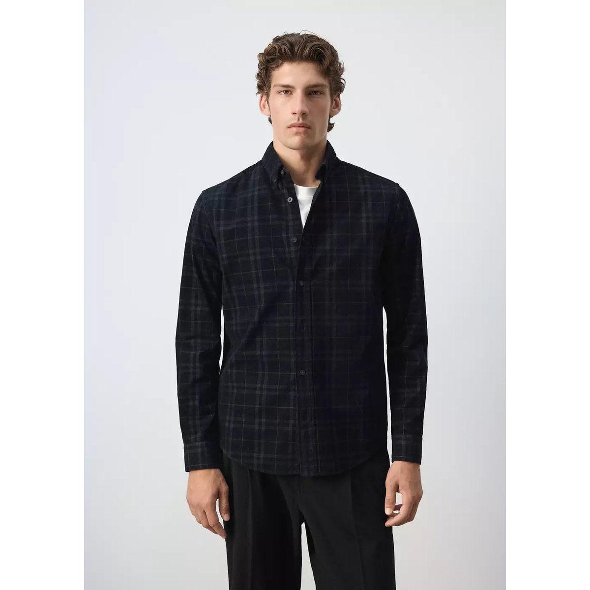 Chemise à carreaux regular fit en velours milleraies bleu marine foncé, MANGO MAN