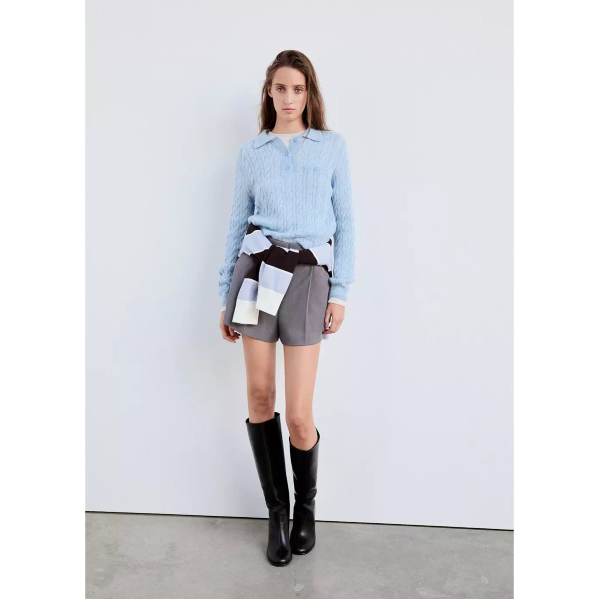 Pull tressé col polo bleu ciel, MANGO