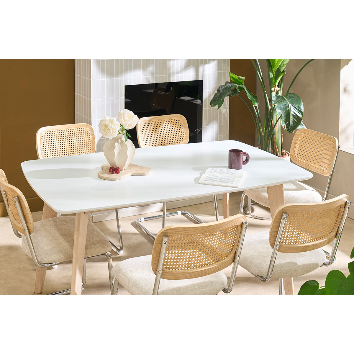 Table à manger scandinave blanc et bois clair rectangulaire L150 cm LEENA blanc, MILIBOO