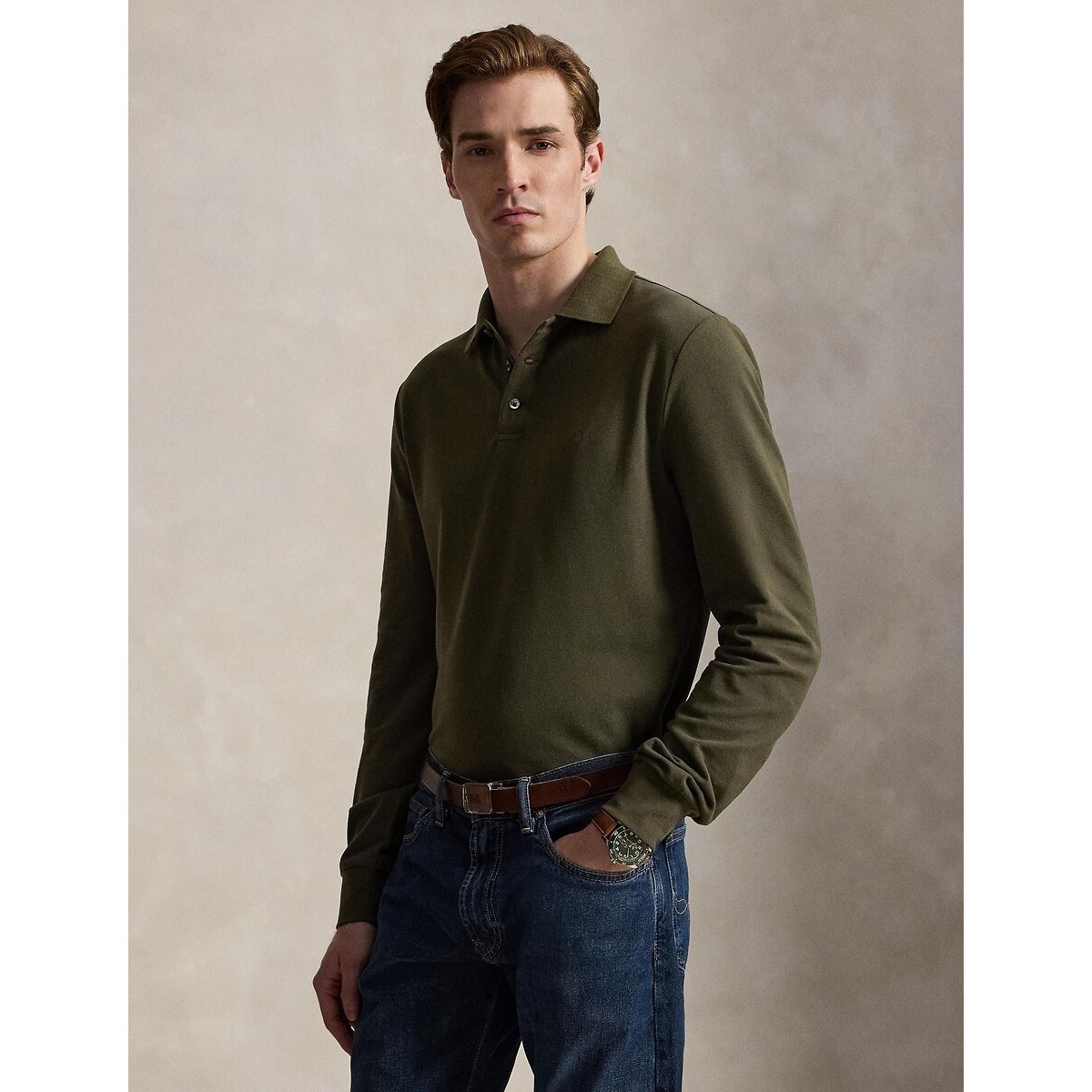 Custom Slim Fit cotton pique polo shirt olive, POLO RALPH LAUREN