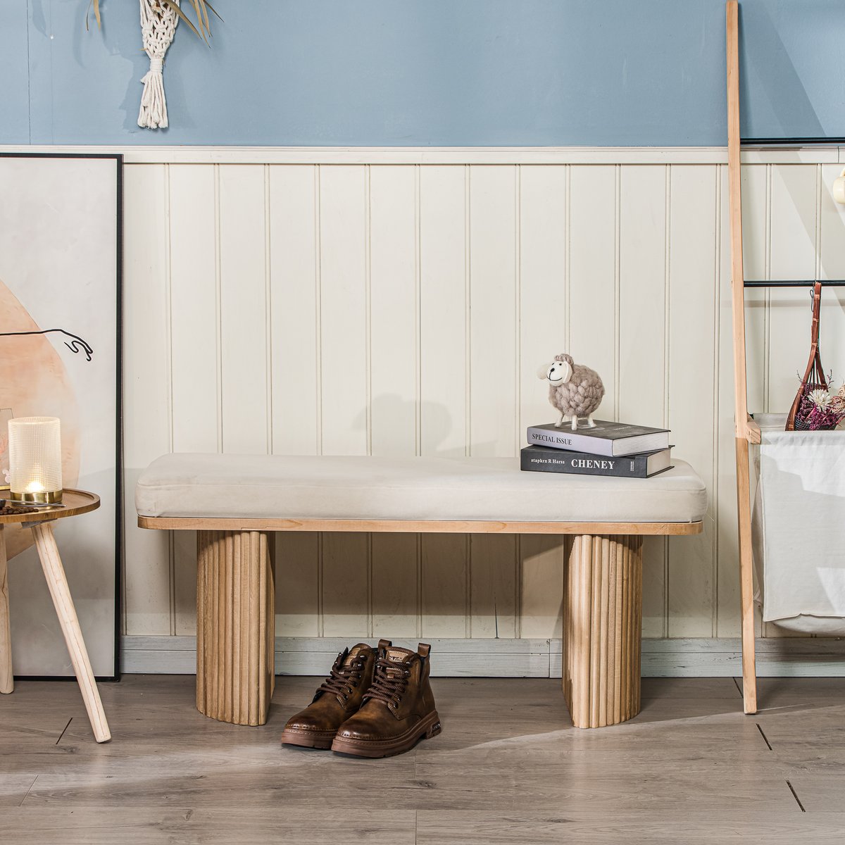 Banc, bois massif et velours, PIREUS beige, NORDLYS