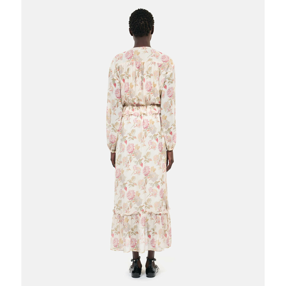 Floral Silk Maxi Dress with Ruffles and Long Sleeves beige print, THE KOOPLES