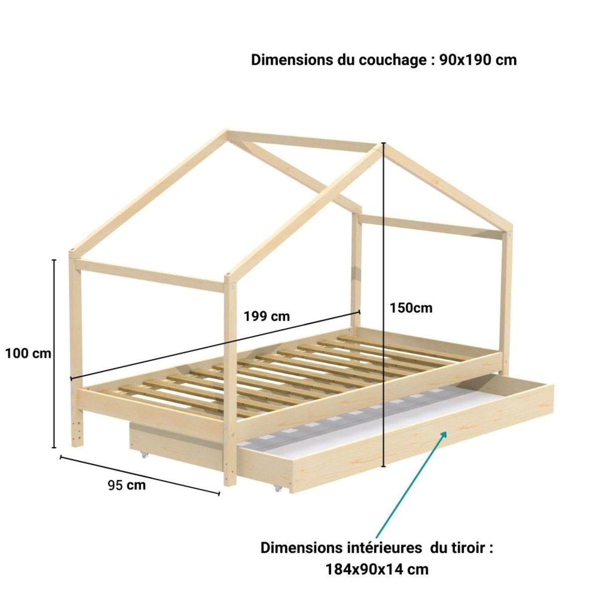 Lit cabane avec tiroir bois clair, TERRE DE NUIT