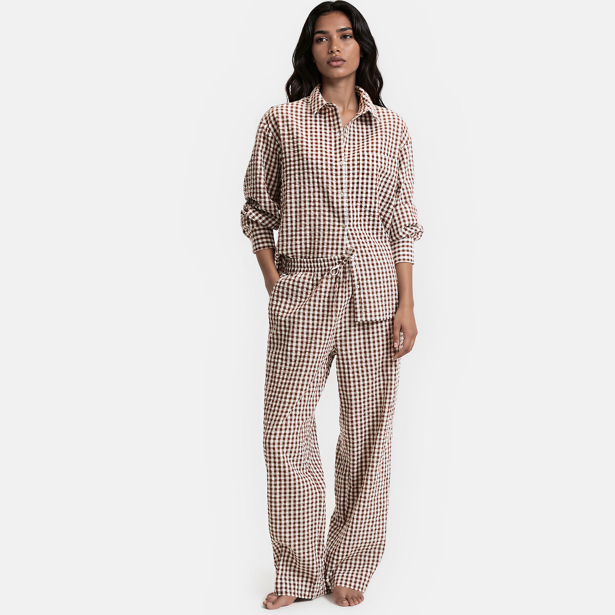 Pyjama seersucker, en vichy tissé-teint, Signature AIMEE chocolat, LA REDOUTE COLLECTIONS
