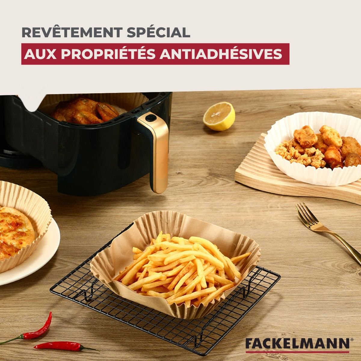 Ensemble de 100 Moules en papier air fryer carrés 20 cm Divers brun, FACKELMANN