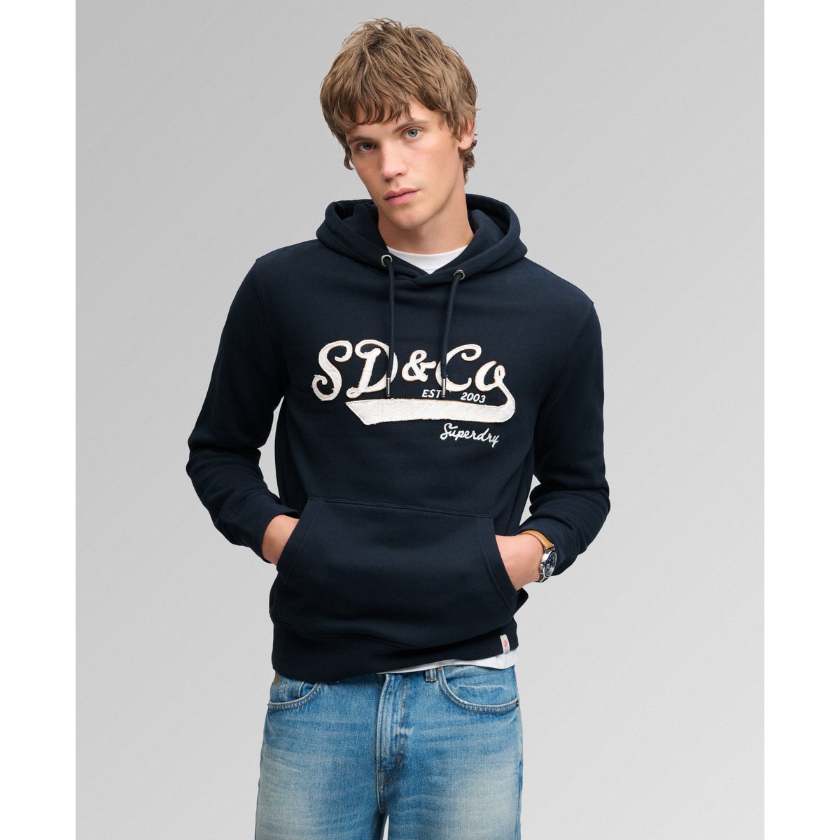 Sweat à capuche SD&Co Washed Embroidered coupe décontractée bleu marine éclipse, SUPERDRY