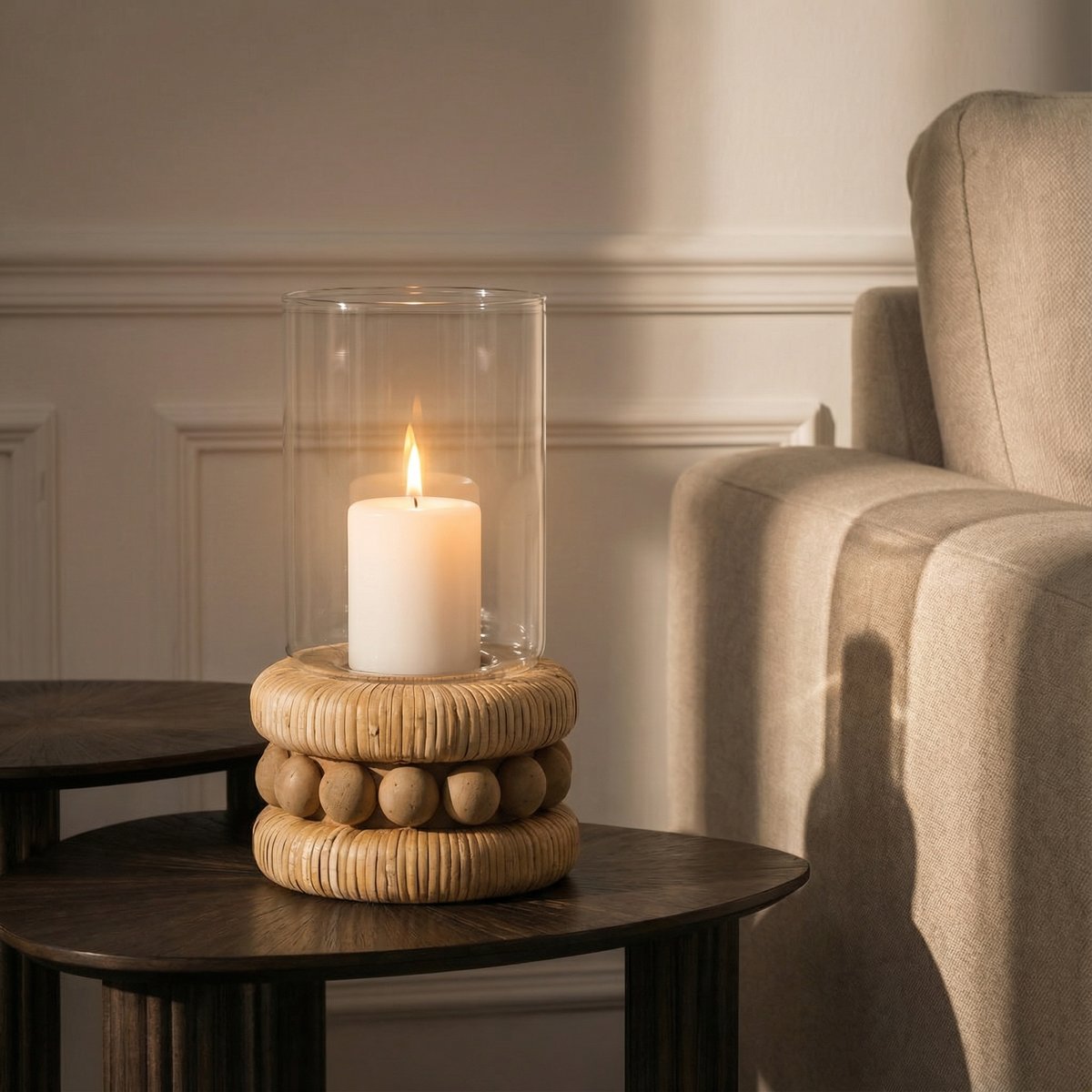 Porte-bougie en rotin H33 PERLINE beige, SIA DECO