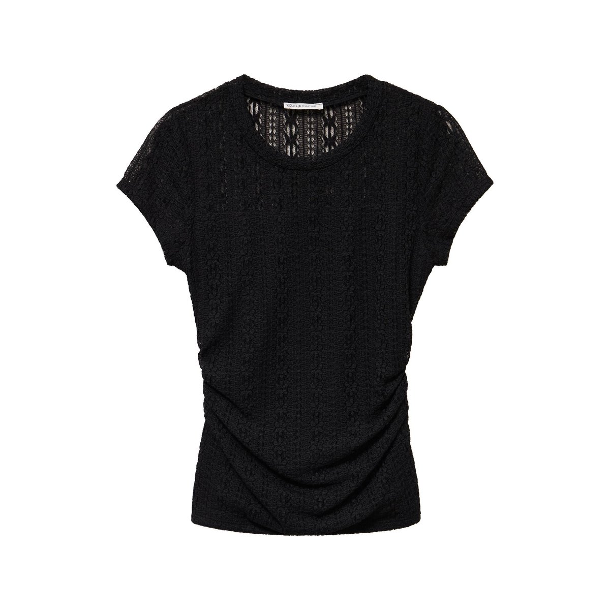 Top en dentelle col rond manches courtes noir, CACHE CACHE