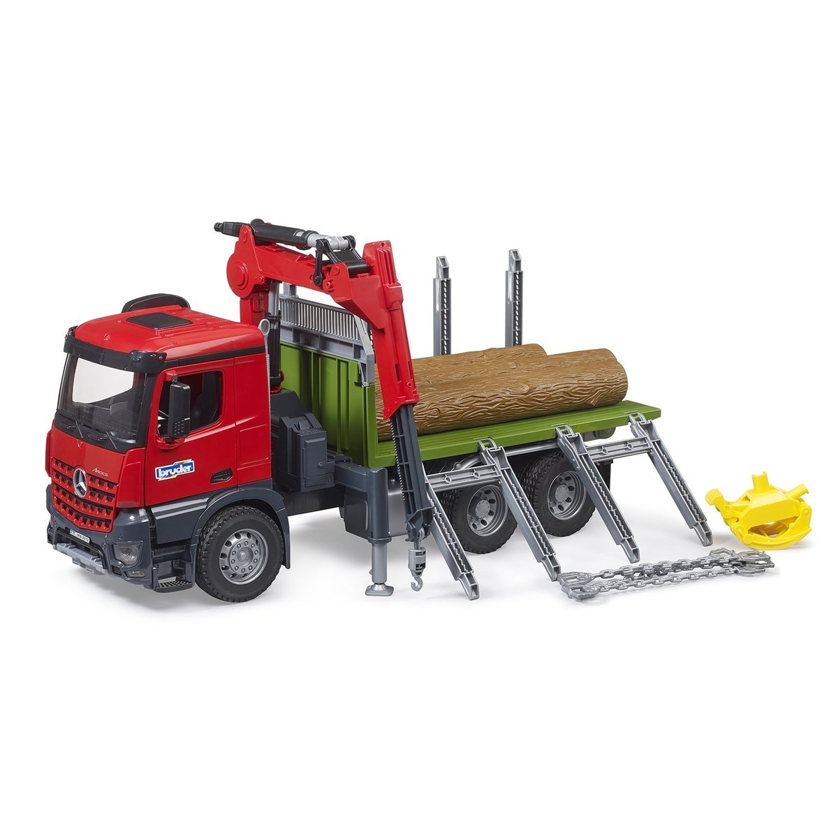 Camion de transport de bois MB Arocs avec grue de chargement, grappin et 3 troncs d'arbre multicolore, BRUDER
