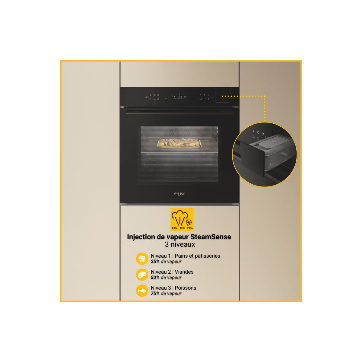 Four encastrable fonction vapeur WOI7A8FPT1SBAF - Pyrolyse - Chaleur tournante - Combiné vapeur - Porte froide couleur unique, WHIRLPOOL