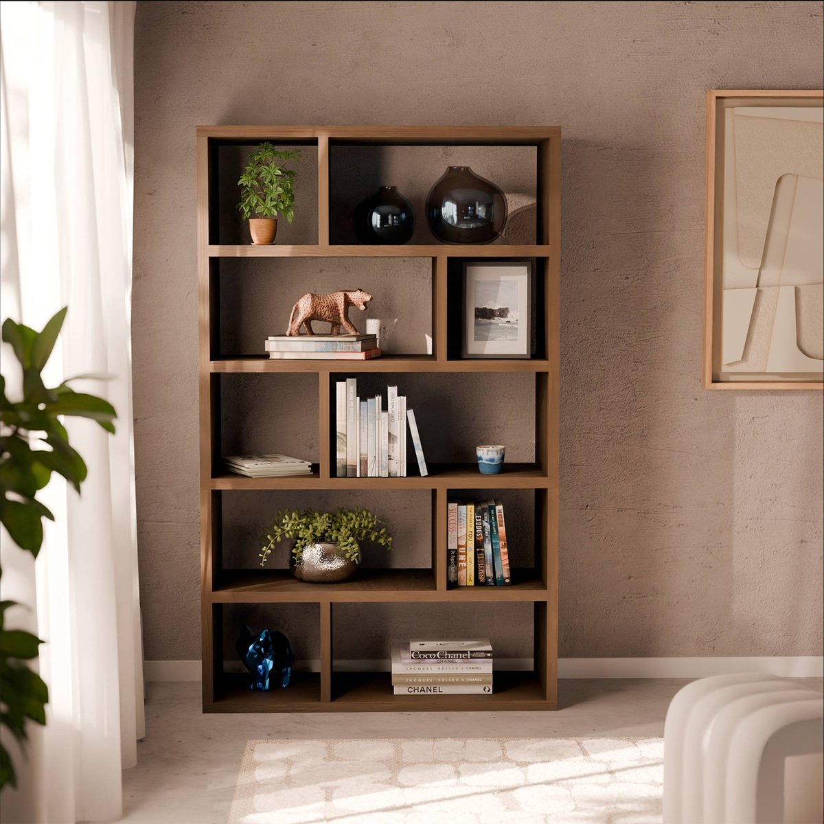 Etagère bibliothèque décor bois asymétrique 5 niveaux 10 compartiments BASIKS noyer, SWEEEK