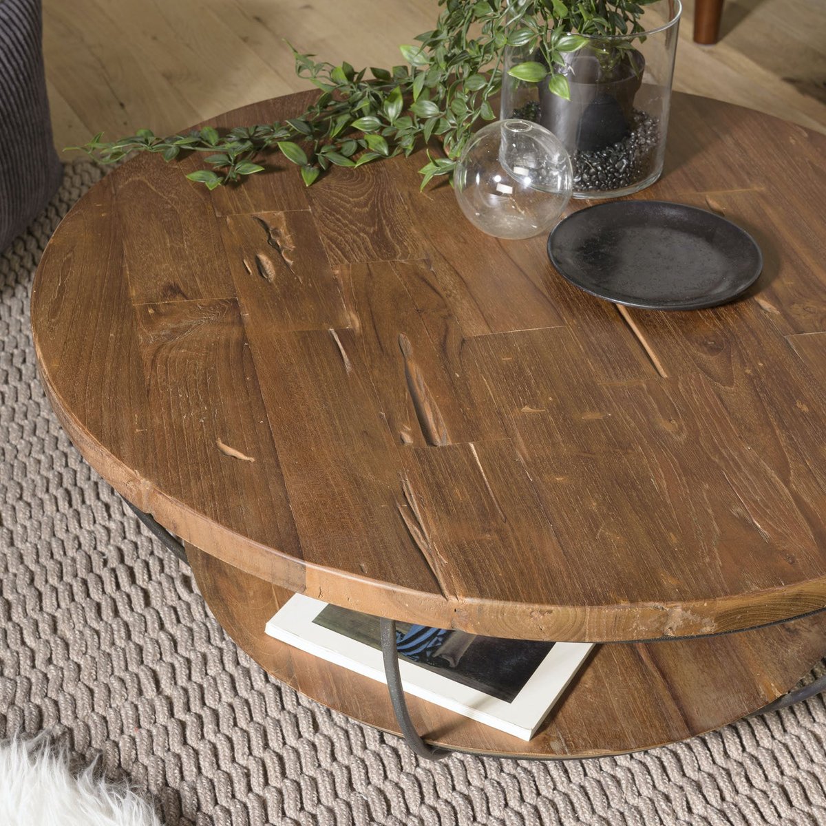 Table basse ronde double plateau teck/métal SWING noir, PIER IMPORT