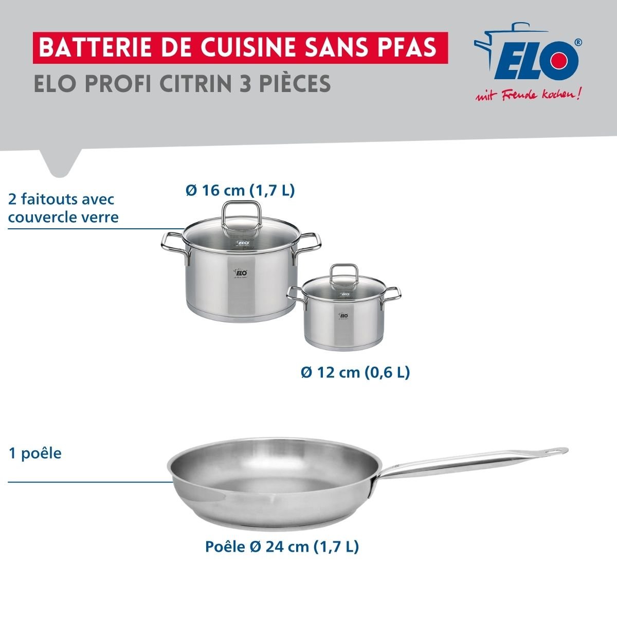 Batterie 1 poêle 24cm + 2 faitouts 12/16cm PROFI CITRIN gris, ELO