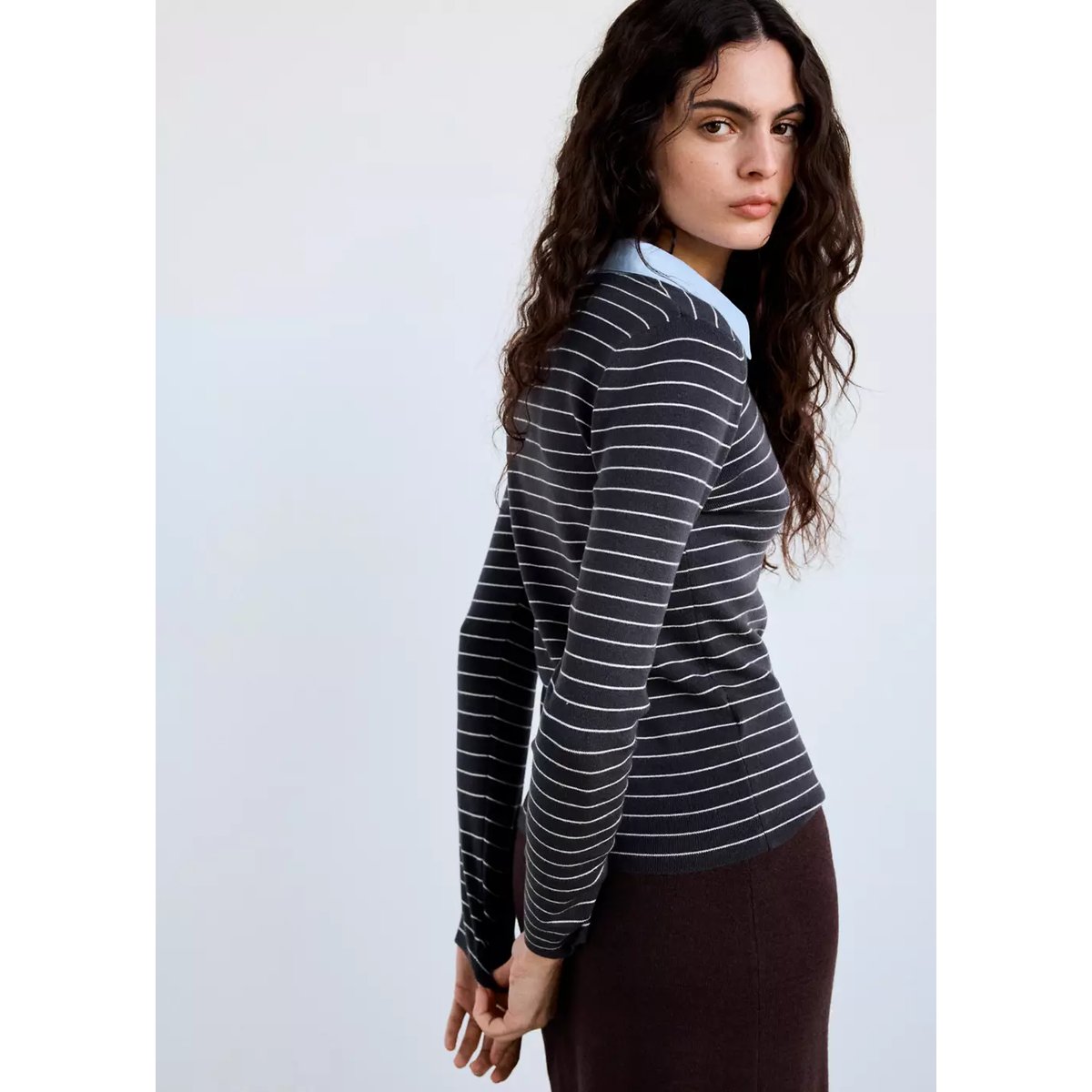 Pull-over cintré rayures col chemise gris chiné moyen, MANGO