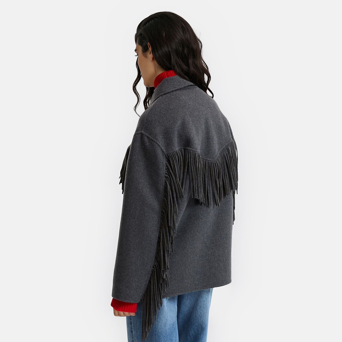 Manteau à franges en laine mélangé gris anthracite, LA REDOUTE COLLECTIONS