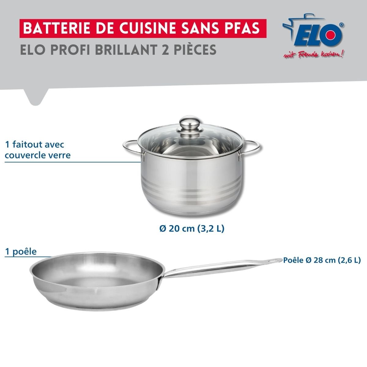 Batterie de cuisine 1 poêle 28cm + 1 faitout 20cm PROFI BRILLANT inox, ELO