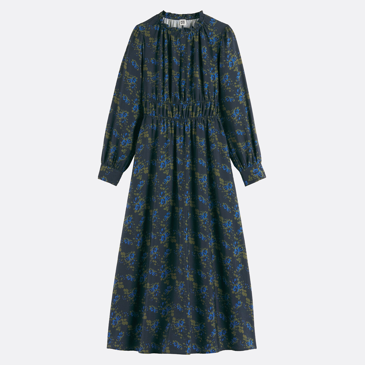 Robe longue imprimé floral à manches longues et col volanté imprimé fleurs fond bleu marine, LA REDOUTE COLLECTIONS