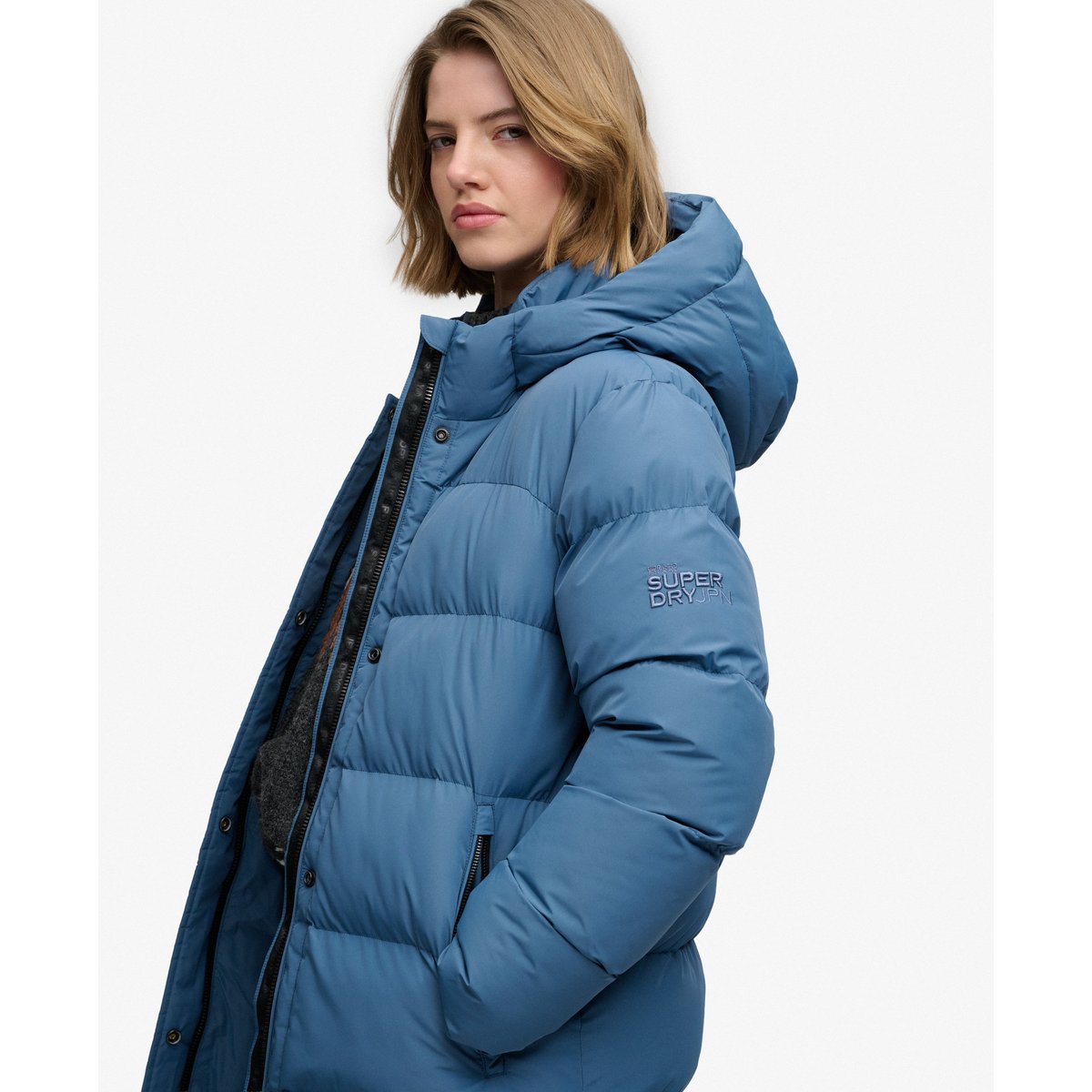 Doudoune Mi-longue à Capuche Sports bleu ardoise sec, SUPERDRY