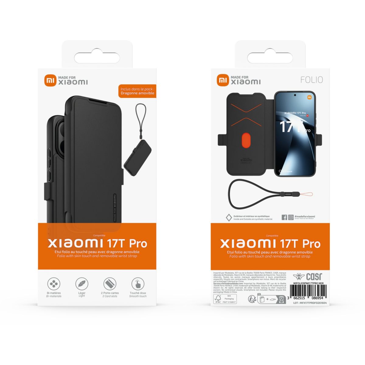 Etui avec cordon Xiaomi 17T Pro Folio premium noir couleur unique, MADE FOR XIAOMI