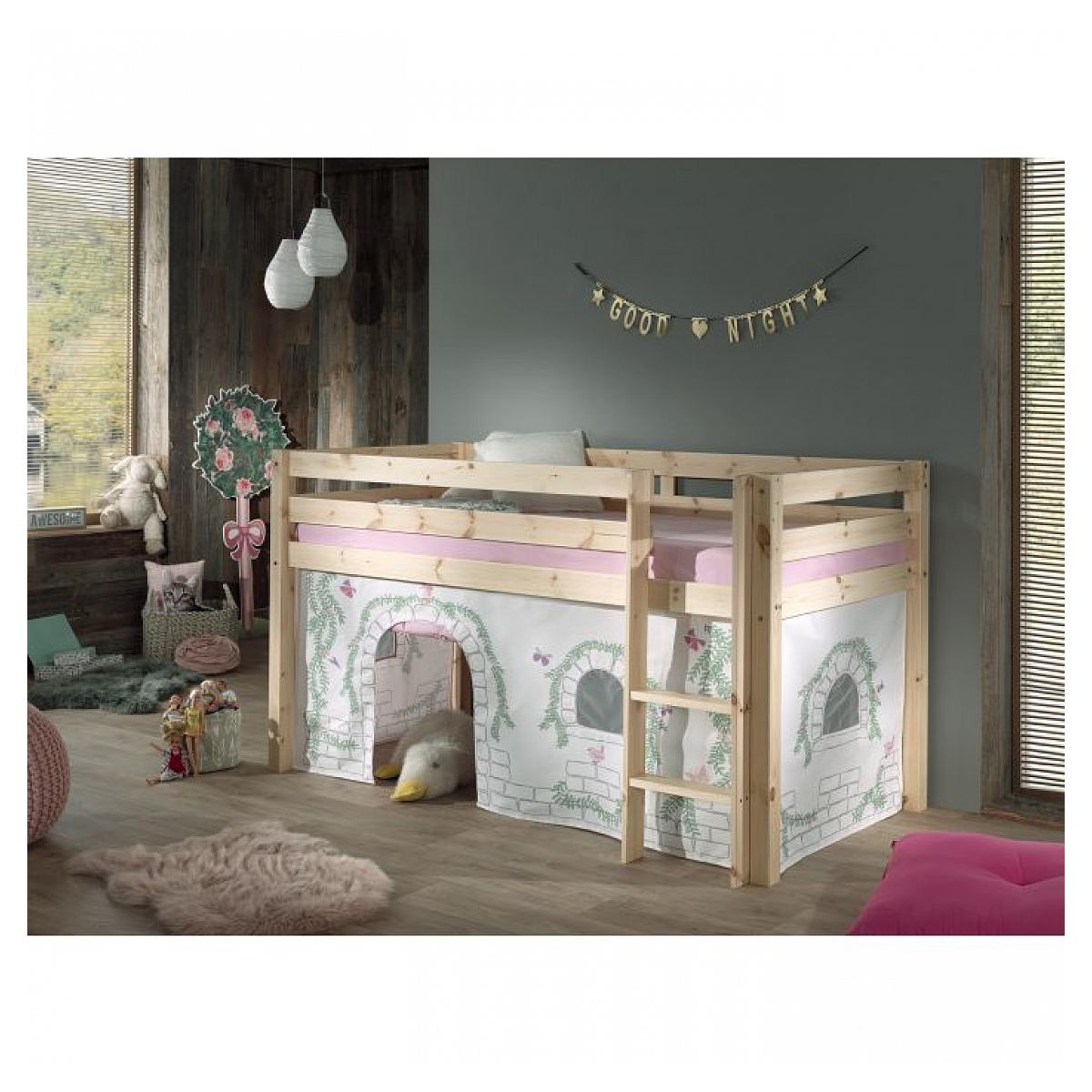 Lit Compact Naturel + Rideau de lit BIRDY couleur unique, VIPACK