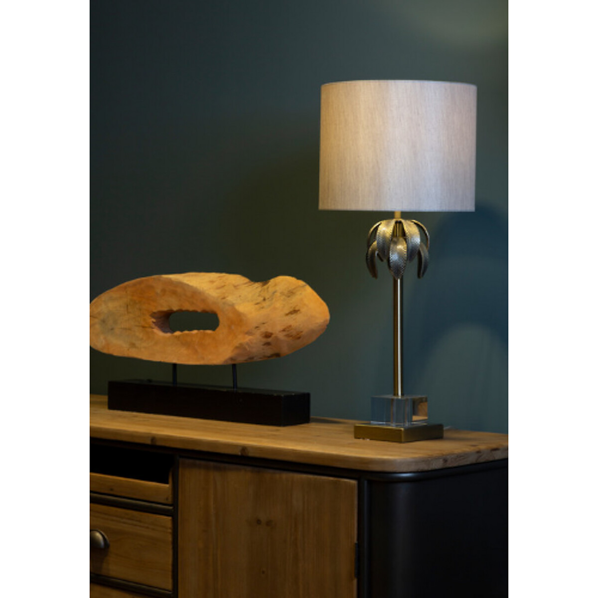 Helene Crystal Base and Palm Leaf Detail Table Lamp in Antique Brass gold, SO'HOME