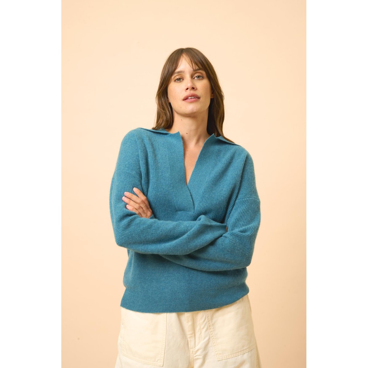 Polo Col V Croisé Manches Longues Canard Chiné Garcia bleu foncé, JUST CASHMERE