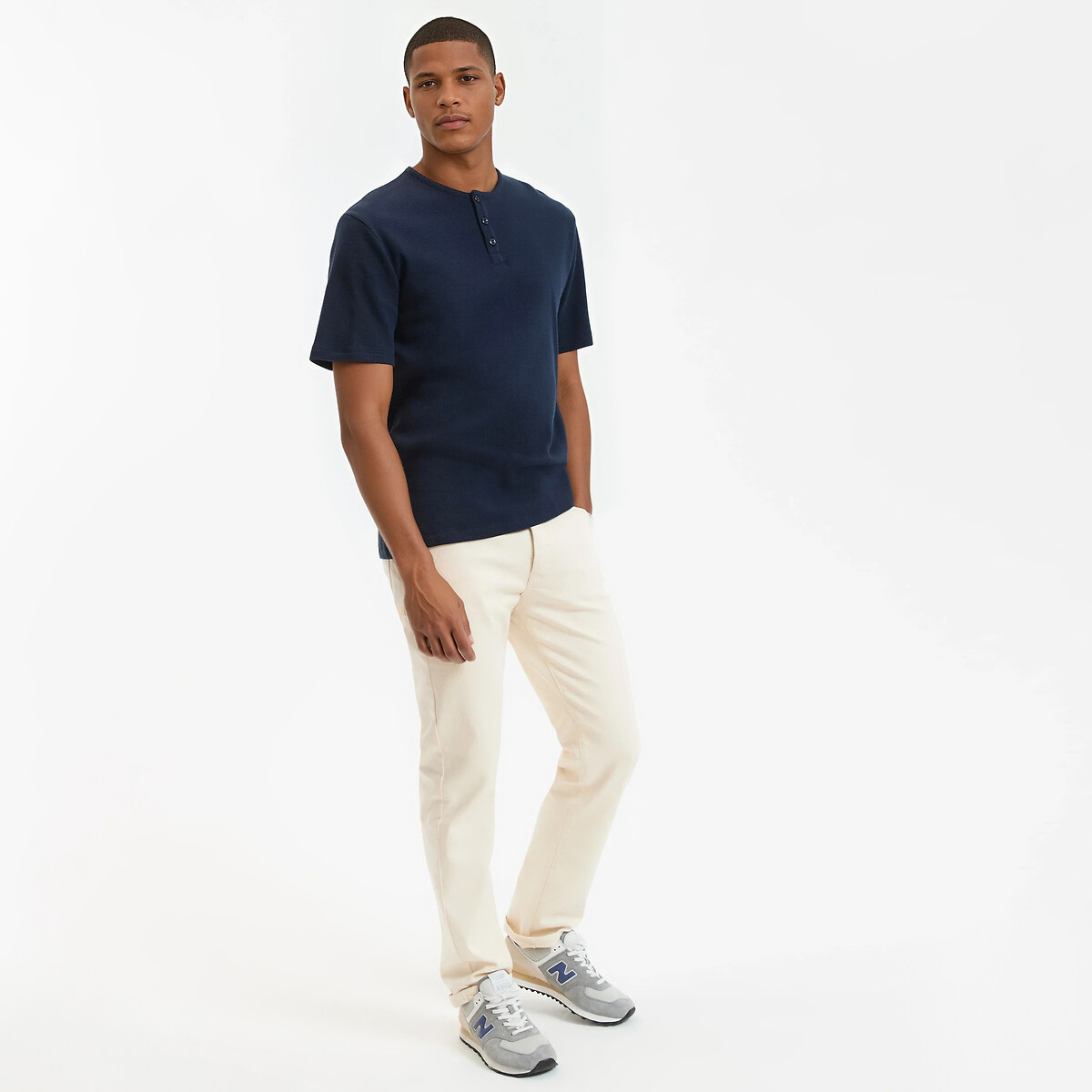 T-shirt col tunisien manches courtes bleu marine, LA REDOUTE COLLECTIONS