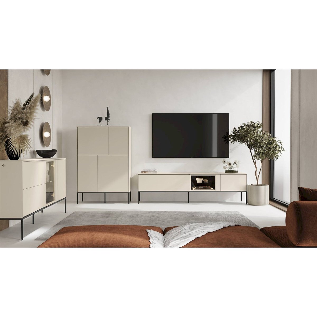Buffet bas bois collection BELLEZO vitrine LED crème mat et noir, RECOLLECTION