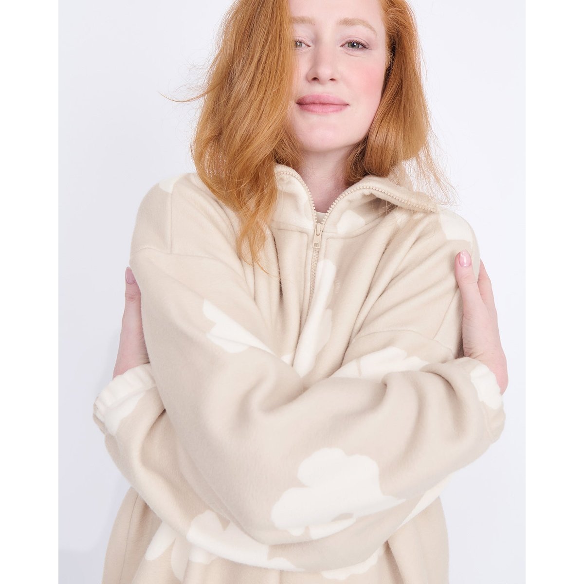 Sweat en polaire recyclée imprimé fleuri beige latte, EMOI EMOI