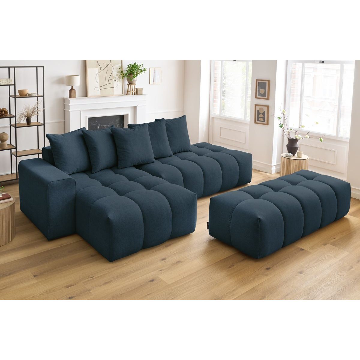 Canapé d'angle fixe 4 places en tissu chiné avec pouf, MONT-BLANC bleu foncé, BOBOCHIC