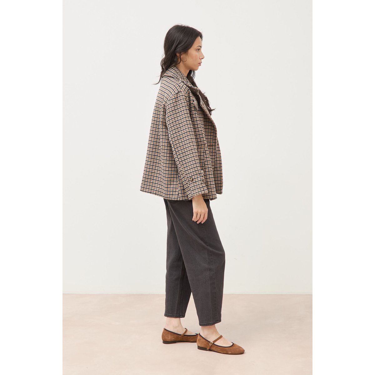 Caban oversize court col tailleur marron, BONOBO