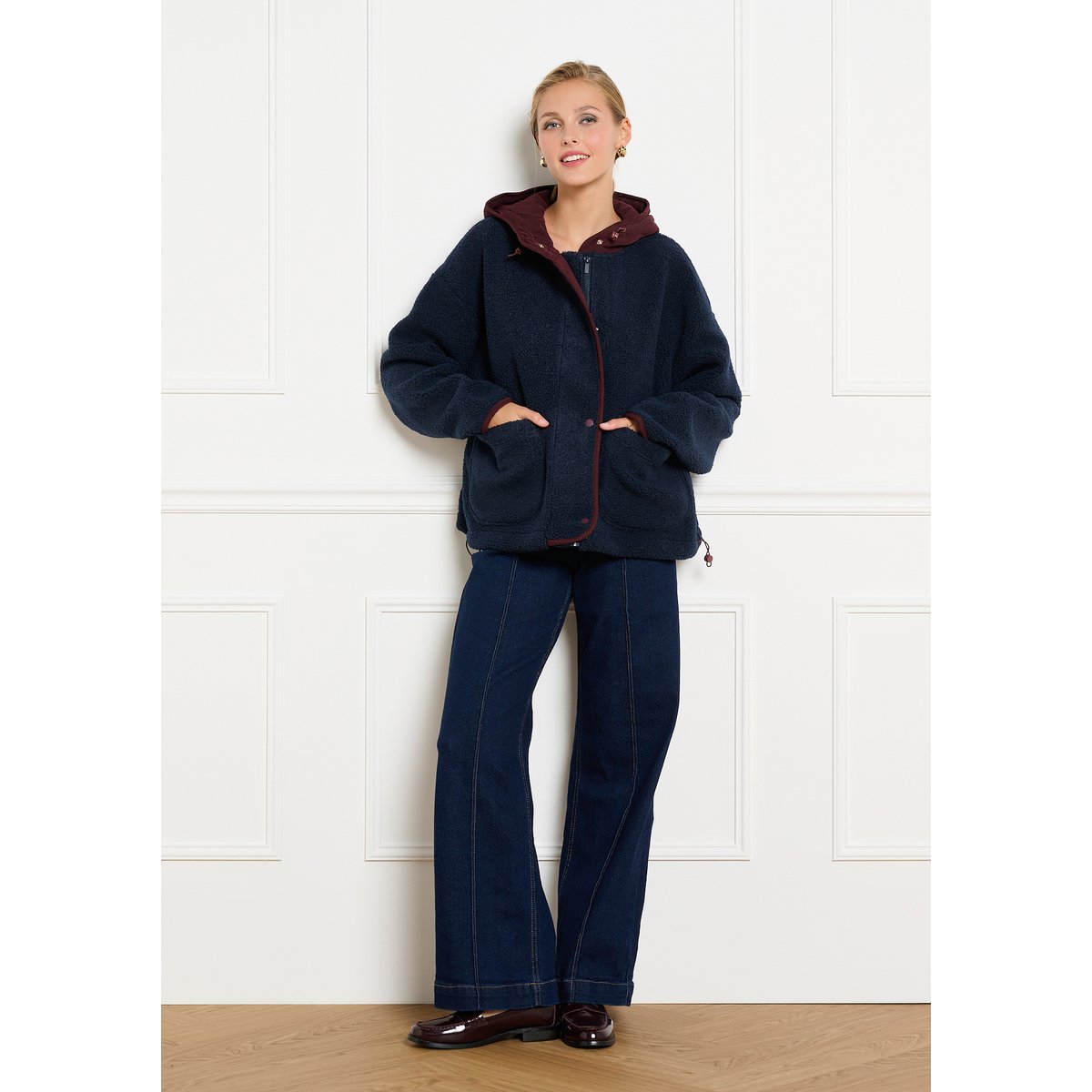 Veste sherpa à capuche bleu marine, LOLALIZA