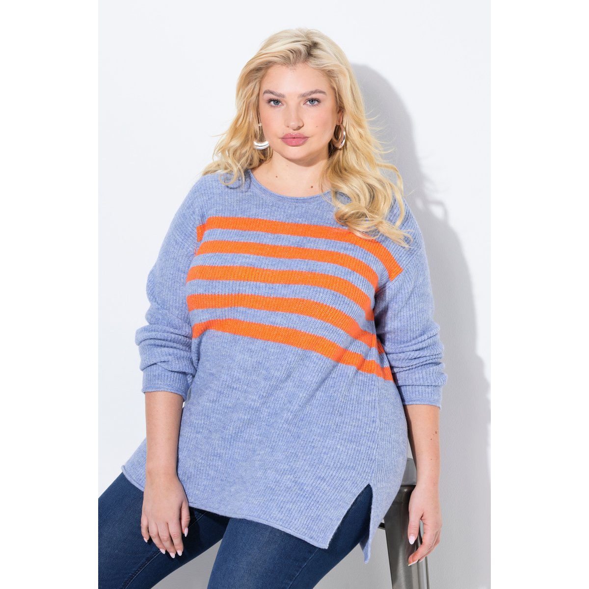 Pull rayé, col rond et manches longues bleu ciel, ULLA POPKEN