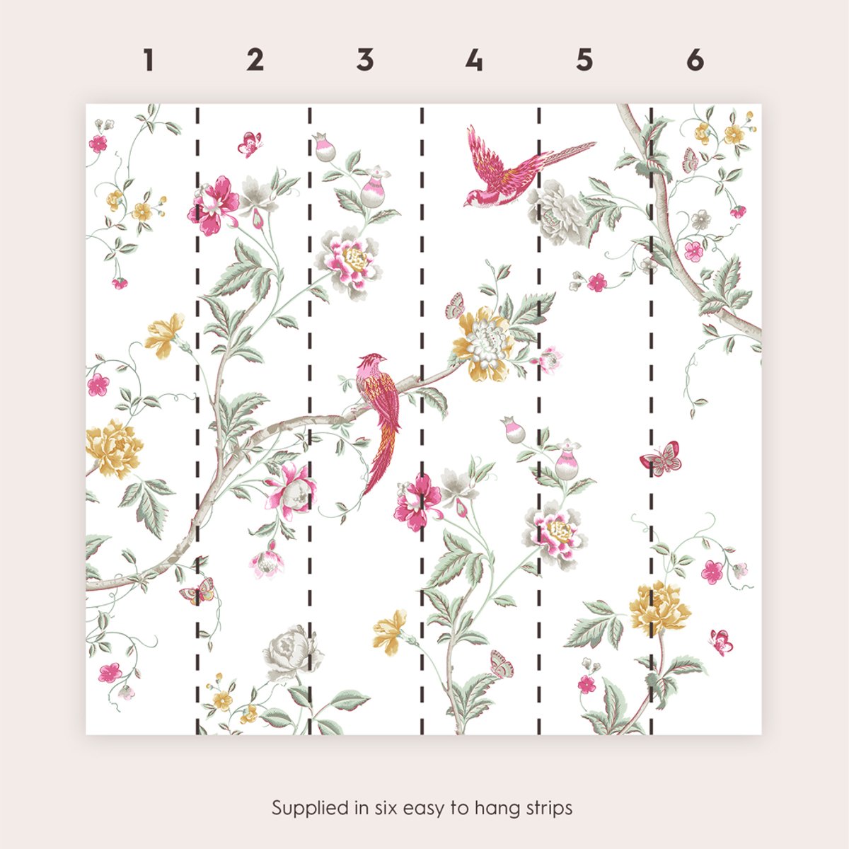 Papier peint panoramique fleuri Jardin d'oiseaux rose, vert, ocre, LAURA ASHLEY
