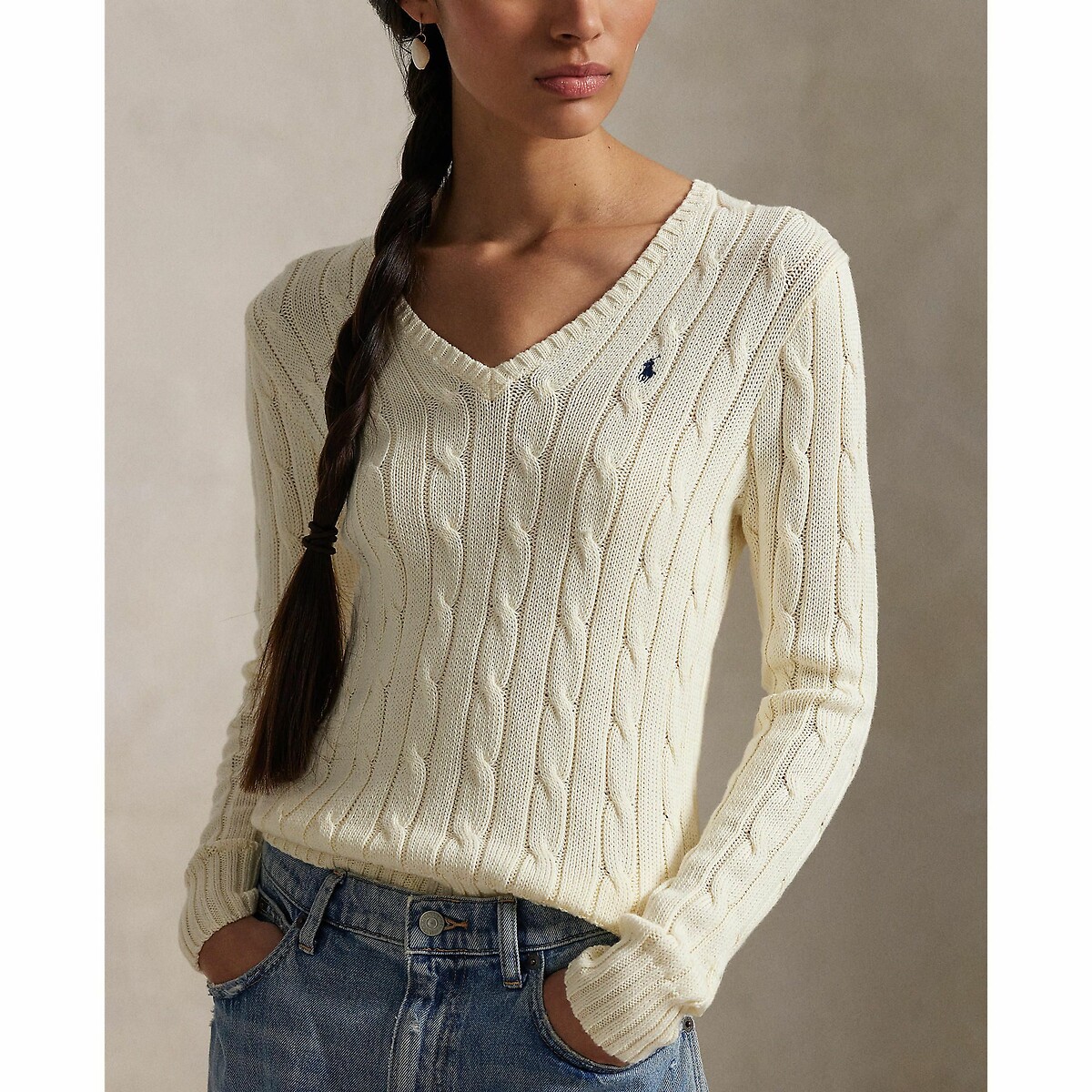 Camisola de manga comprida com decote em V, KIMBERLY creme, POLO RALPH LAUREN
