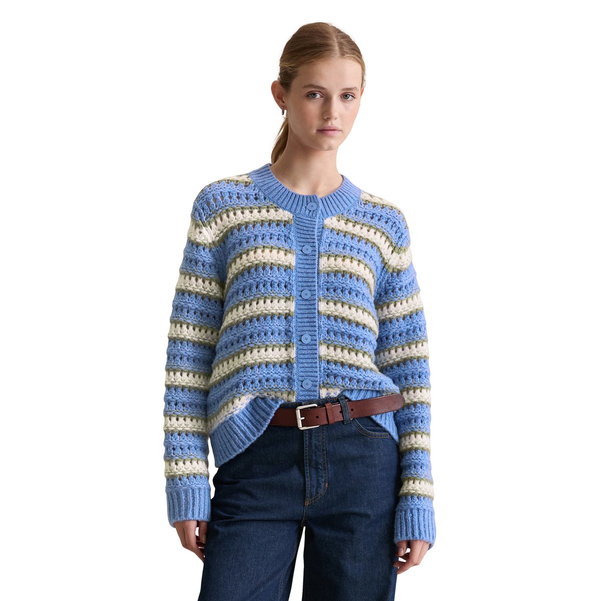 Cardigan regular en doux mélange de laine vierge bleu moyen, MARC O’POLO DENIM