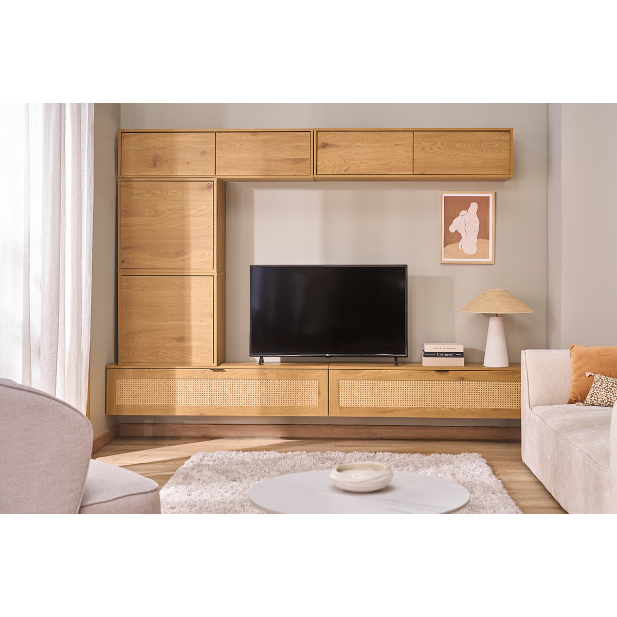 Rangement mural finition blanche et bois clair chêne L55 cm FLEXO noyer, MILIBOO