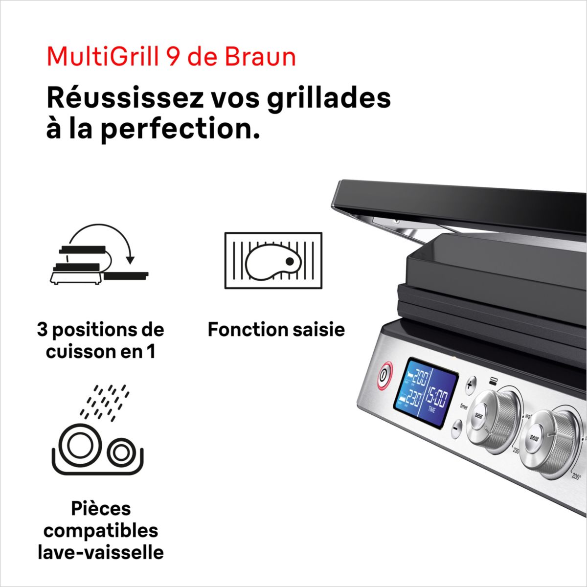 Grille-viande CG9047 inox 3 jeux de plaques amovibles, 37x23 cm couleur unique, BRAUN