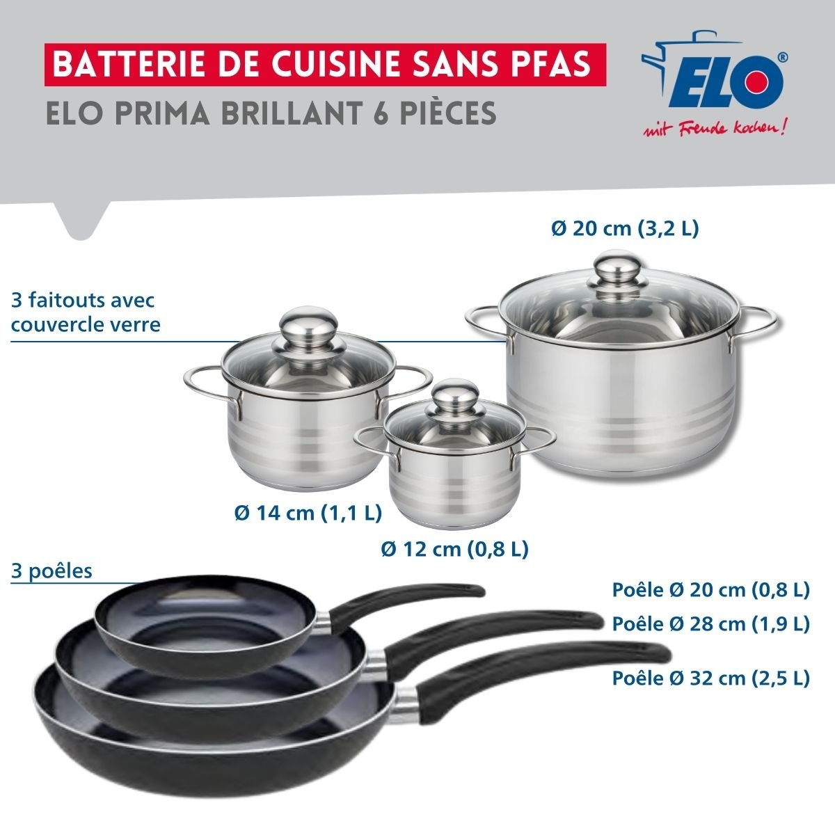 3 poêles 20/28/32cm + 3 faitouts 12/14/20cm PRIMA BRILLANT noir, ELO