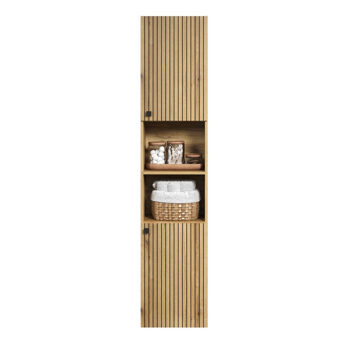Colonne de salle de bain rainurée 2 portes, 2 niches H186 cm - PUREBLISS chêne blond et noir mat, CALICOSY