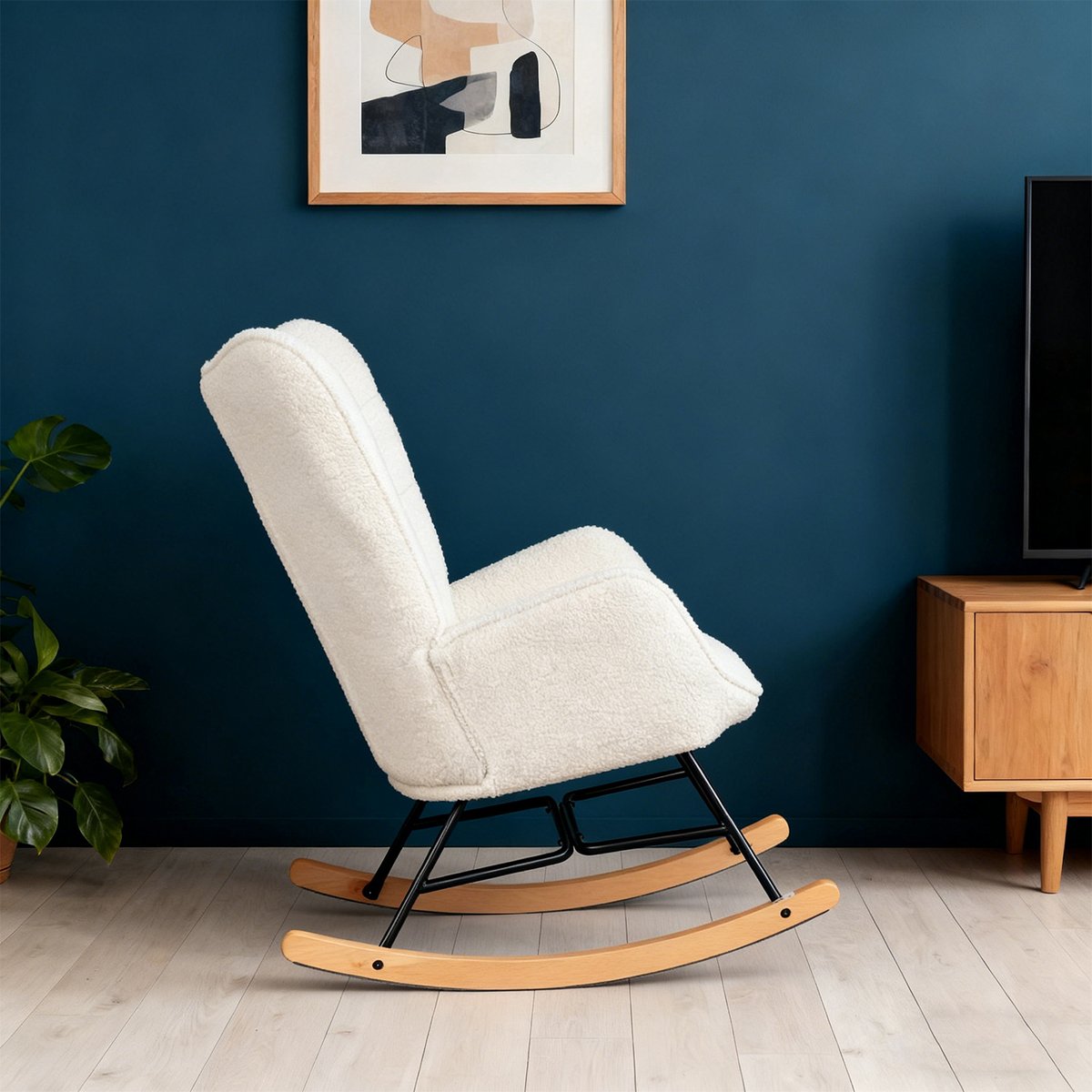 Fauteuil à bascule rocking chair style scandinave pieds en hêtre en tissu bouclette, FUNKEL blanc, MEUBLES COSY